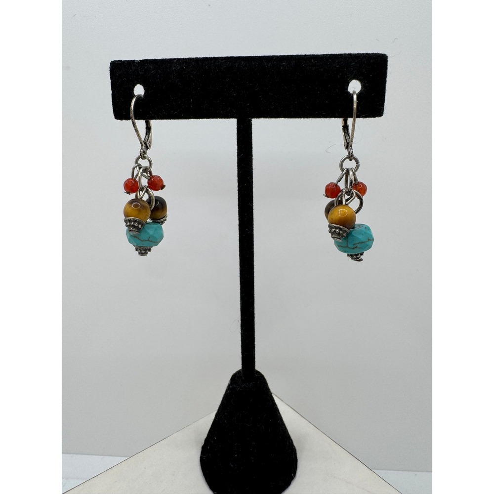 Boho Turquoise Tigers Eye Carnelian Cluster Drop Earrings Silver Tone Leverback